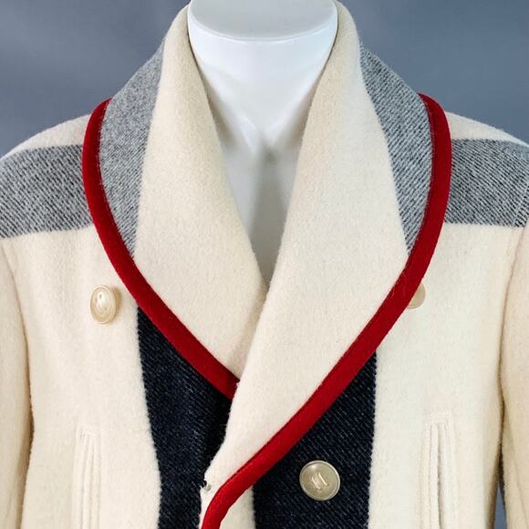 Vintage Size 40 Cream Red Plaid Wool Mohair Double Breasted Shawl Lapel Coat - Picture 2 of 8